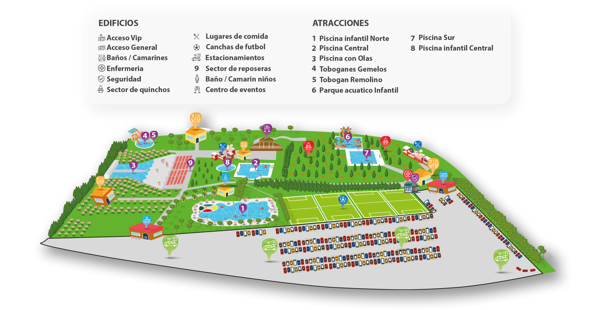 Mapa ilustrado con piscinas, quinchos y servicios de Espacio Bustos